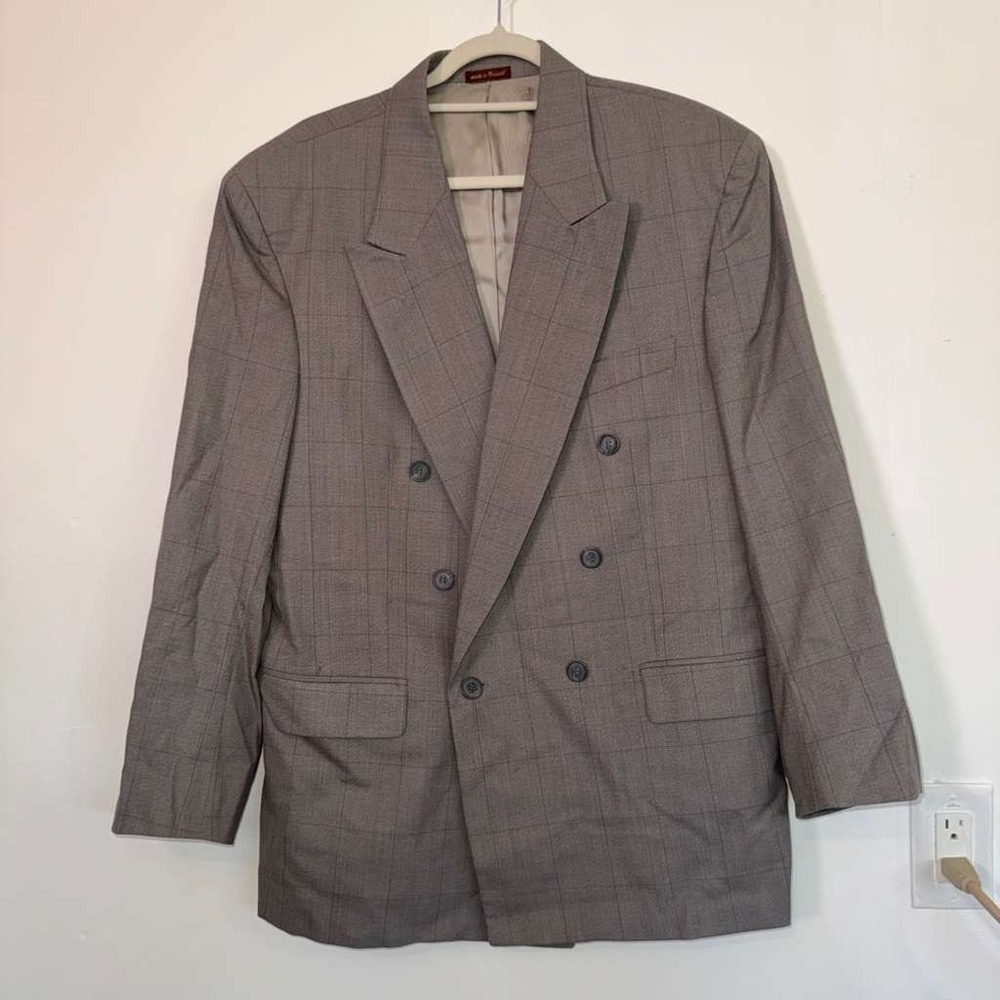 VTG Cellini Uomo Men 42R Plaid Checked Wool Blazer Sport Coat Double Breasted